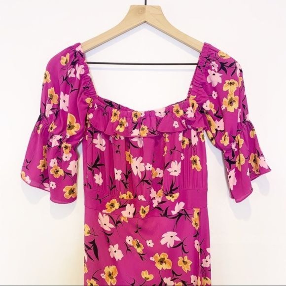 Flynn Skye Berry Floral Kiss Off Shoulder Short Smocked Sleeve Maxi Dress Small - Picture 2 of 10